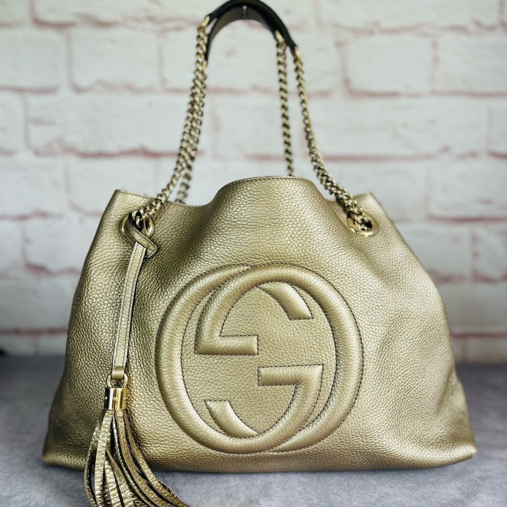 Authentic Gucci Soho Leather Medium Metallic Gold Chain Tote
